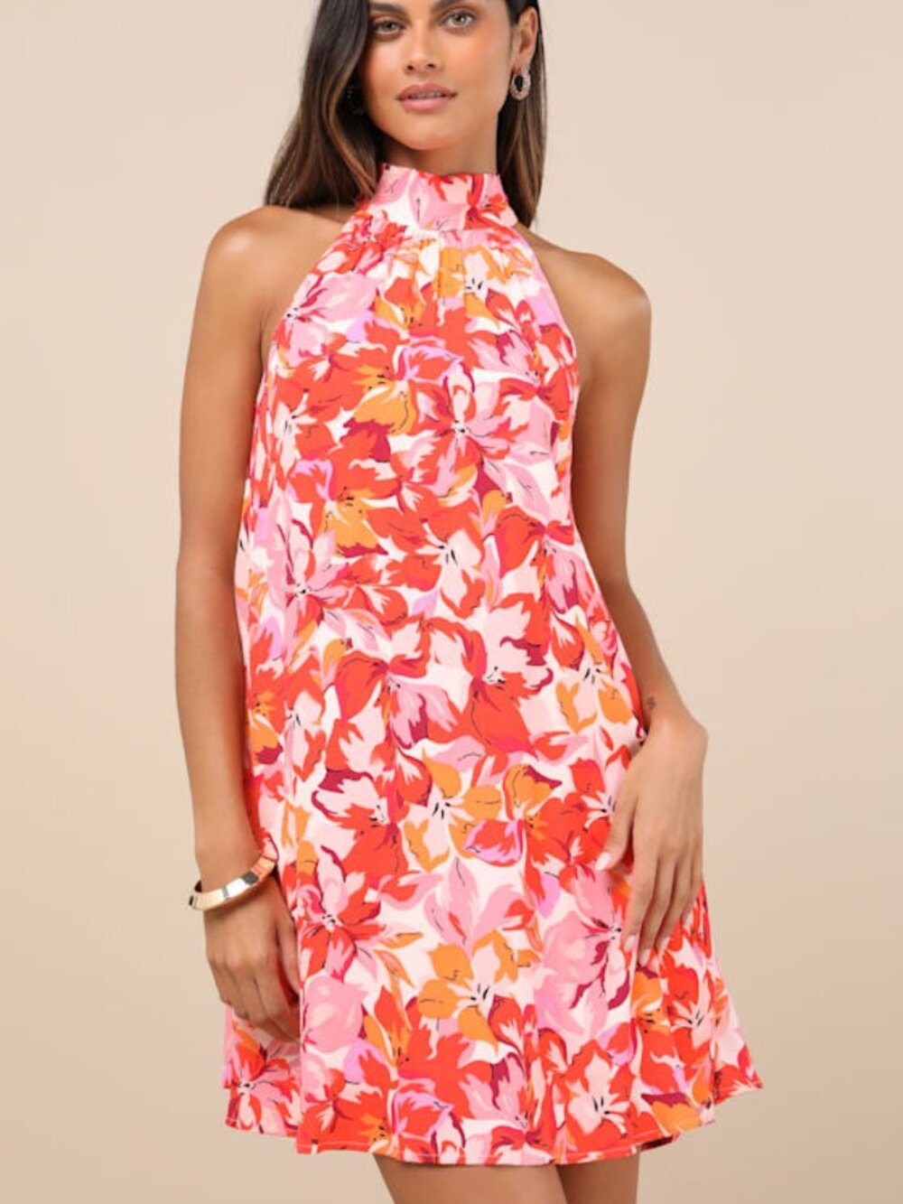 Lulus Tied Back To You Red And Pink Floral Print Mini Shift Dress - Size XL